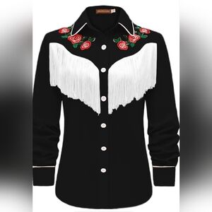 Allegra K Black Shirt with White Fringe and Red Floral Embroidery
